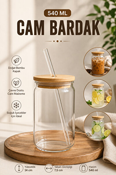 Rotanev Glass Cup with Straw and Bamboo Lid |   Cold Coffee, Bubble Tea, Lemo...