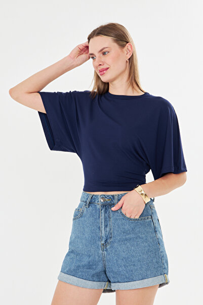 Tight Lady Waist-Fitted Wide-Sleeved Natural Viscose Navy Blue Blouse