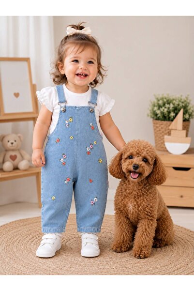 P&H BABYWEAR Floral Embroidered T-Shirt and Denim Salopet 2-Piece Baby Girl Set
