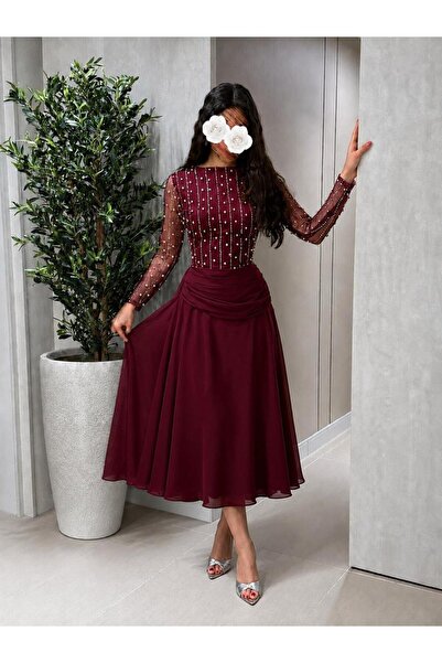 Mar style Luxury Pearl Beading Evening Gown Midi Length Prom Dress with Uniqu...