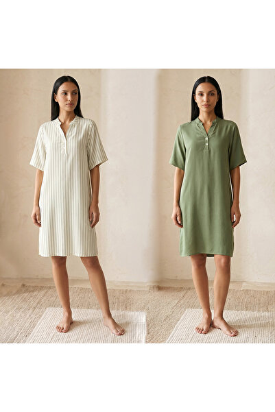 FAV Set of 2 - Intimates Knee Length Night Dress Short Sleeves Mandarin Colla...