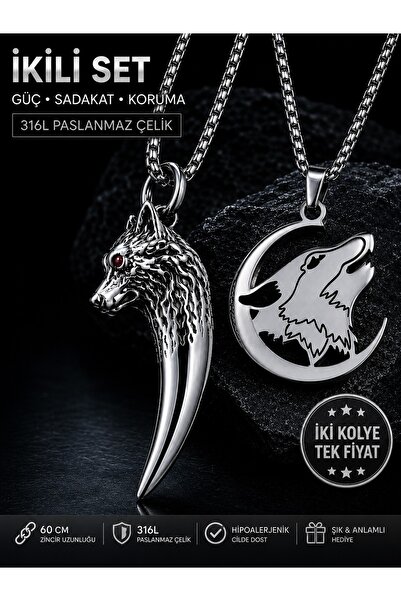 voyageaccessory Paslanmaz Çelik İkili Set Kırmızı Gözlü Kurt Dişi Kolye + Hil...