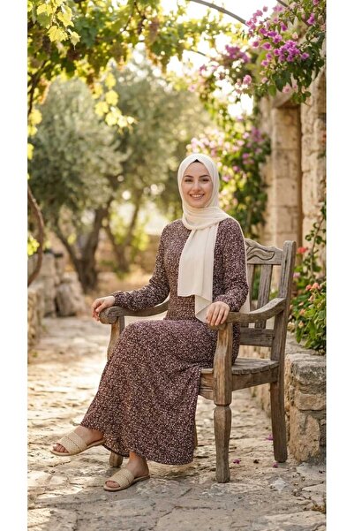 Asel Women's Plus Size Patterned Woven Viscose Fabric Long Hijab Dress