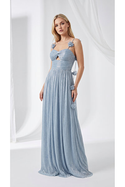 holie dress İP ASKILI ÇİÇEK APLİKELİ SİMLİ PLİSELİ A KESİM UZUN ABİYE ELBİSE