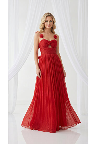 holie dress İP ASKILI ÇİÇEK APLİKELİ SİMLİ PLİSELİ A KESİM UZUN ABİYE ELBİSE