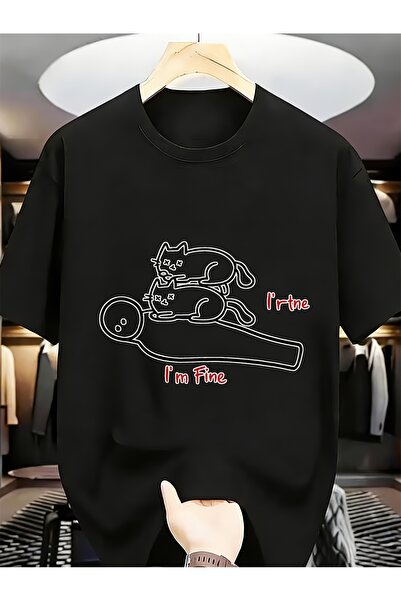 212ZTD تي شيرت رجالي أنيق بطباعة "I'm Fine Cat Stack" مضحك وفريد من نوعه، قطن...