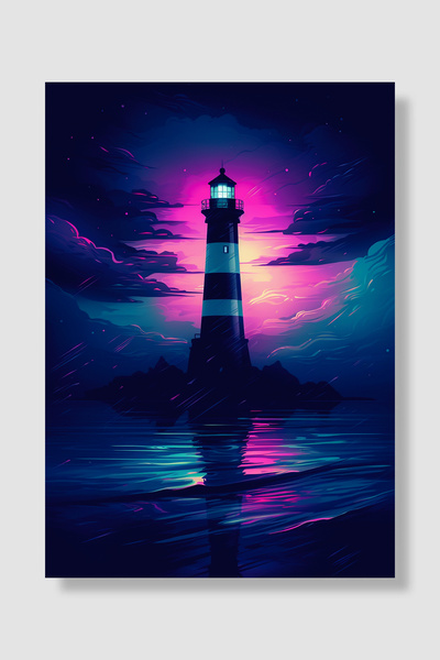 Luna Marissa Poster Farul de noapte Violet Roz Neon Cer Reflecție marină Deco...