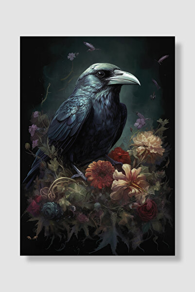 Luna Marissa Αφίσα Crow Gothic Black Bird Vintage Βυσσινί Λουλούδια Βοτανική ...
