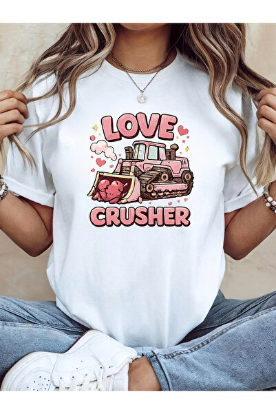 En22 Love Crusher Pink Bulldozer Heart Print T-Shirt Summer European Style Sw...