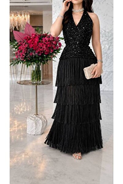 GENBREE Luxury black evening dress with fringe and shiny sequins