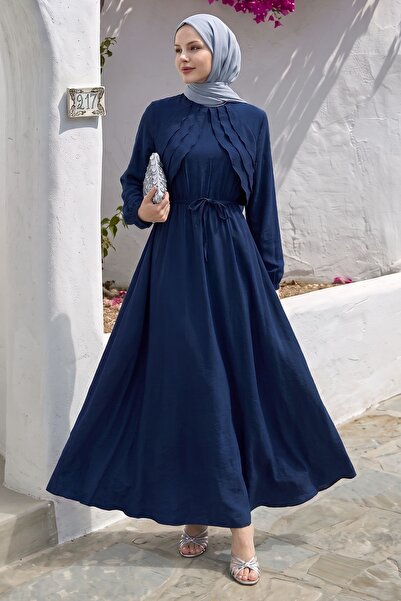 InStyle Önü Kat Detay Kuşaklı Lacivert Elbise