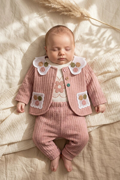 DYZSTAR Baby Girl 3-Piece Set - Lace Collared Waffle Knit Cardigan, Cotton Bo...