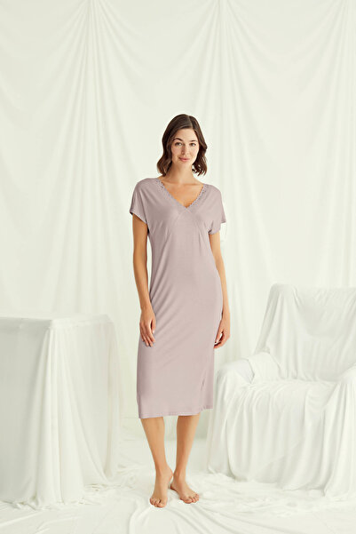 MONAMİSE Dowry Bridal Nightgown - V-Neck French Lace Mink Viscose Stylish Wom...