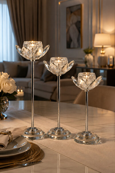 Vien Home Kristal Lotus Şamdan 3'Lü Gümüş Dekoratif Cam Mumluk