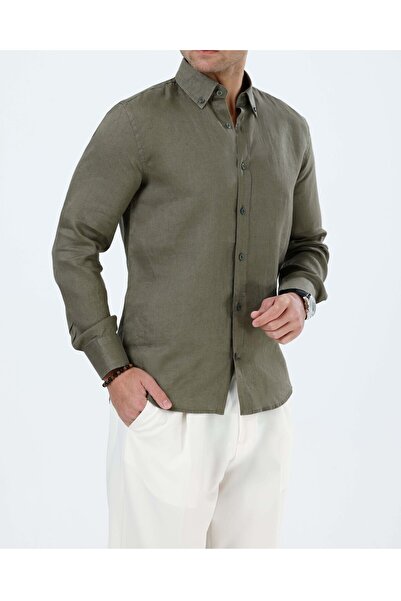 TerziAdemAltun Italian Style Slim Fit Men's Stand Collar Linen Shirt Khaki T2...