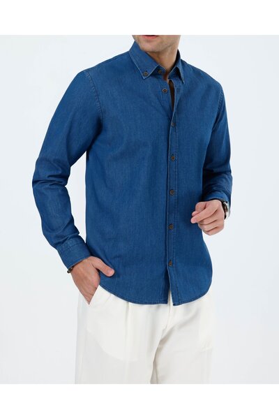 TerziAdemAltun Slim Fit Men's Button-Down Collar Denim Shirt Navy Blue T20106-02