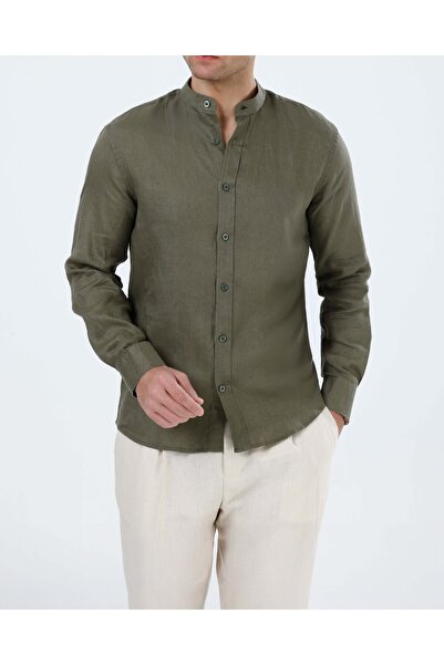 TerziAdemAltun Italian Style Slim Fit Men's Court Collar Linen Shirt Khaki T2...