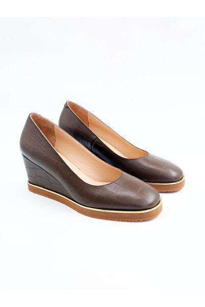 Tenau Women's Genuine Leather Wedge Heeled Shoes Brown