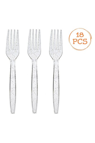 Baloane Vesele Set 18 Furculite Din Plastic Transparent Cu Glitter Auriu TAC35