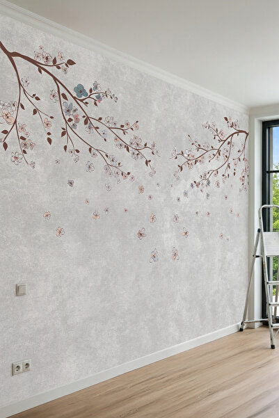 dreamwall Tekstür Zeminli Kiraz Çiçeği Dalları Desenli Tek Parça Tekstil Duvar Kağıdı