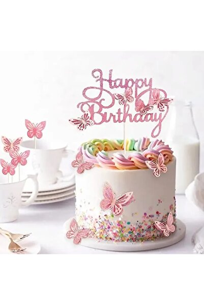 Baloane Vesele Set Topper Tort Happy Birthday Roz Glitter Cu Fluturi Decor Pa...