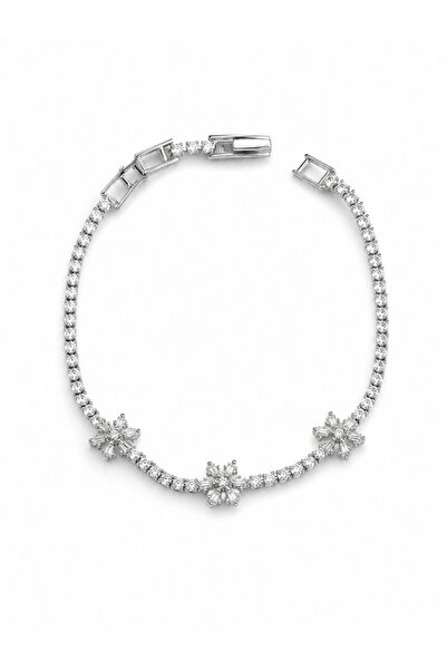 serelya Brass Silver Color Flower Model Zircon Stone Waterway Women's Bracele...