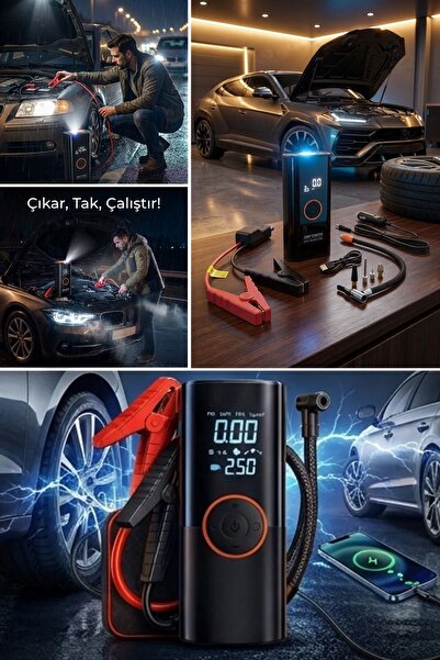 Buffer ® Akü Takviye Cihazı ve Lastik Şişirme Pompası – Powerbank Özellikli, Dijital Ekranlı SOS Fene