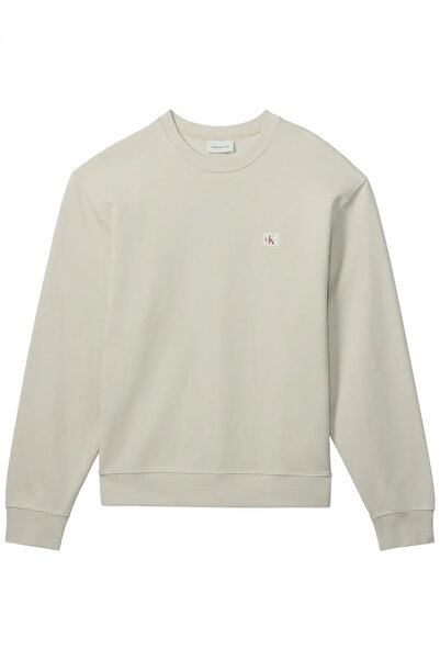 Calvin Klein LS EU 350TERRY BADGE, 2JX, M Erkek Krem Sweatshirt