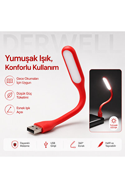 Derwell Esnek USB LED Lamba Powerbank Laptop ve PC için Taşınabilir Gece Lamb...