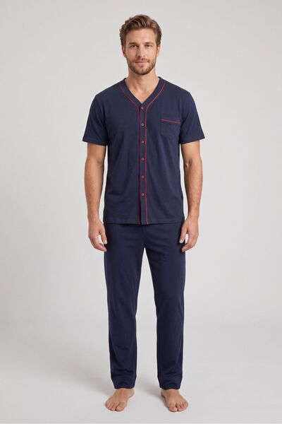 OBJE Men's Navy Blue Buttoned Front Pajama Set