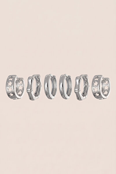 Hetra Silver Color Steel Star Cut and Curved 6-Piece Hoop Earring Set