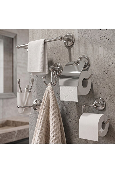 EMPA METAL Klasik Serisi Krom Paslanmaz 5'Li Set Kapaklı WC Kağıtlık Uzun Hav...