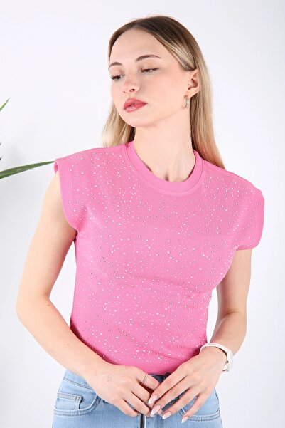 Veni Life Women's Ottoman Fabric Stone Detailed Sleeveless Shimmering Blouse