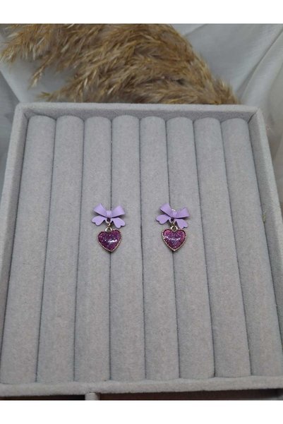 ZEYKU ACCESSORİES Sparkling Purple Heart Earrings with Lilac Bow Detail