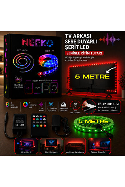 neeko TV Arkası RGB Şerit LED 8 Renk Kumandalı Sese ve Müziğe Duyarlı Kendind...