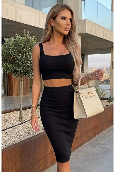 ILG Compleu Casual 2 Piese din Tricot Fin Riat, Top Scurt și Fustă Midi Mulată