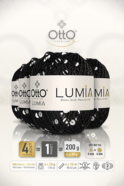 Otto لوميا - ترتر أسود-فضي (9411) - عبوة من 4 قطع × 90 متر/50 جرام - قطن، ترت...