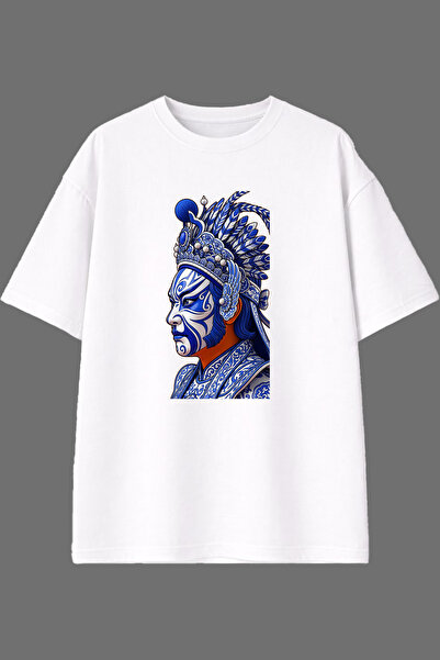 VSRN Blue Native American Design Front Printed White Oversize T-Shirt