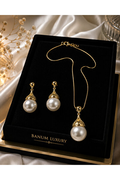 Banum Luxury Sade Şık Damla İnci Tasarım Altın Tonlu 2li Set