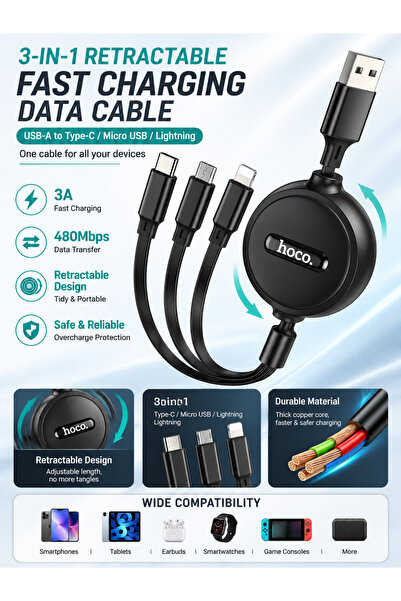 hoco. Cablu de încărcare HOCO X75 3 în 1 USB-A la Lightning, Micro USB și USB...