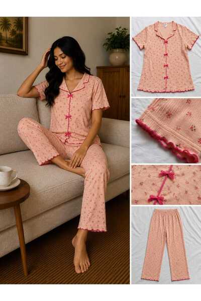 VAKİATR Women's Pajama Set with Bows Knitted Pajama Set