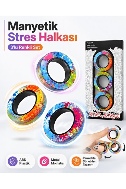 Hurbuy Manyetik Stres Halkası 3'lü Set Renkli Fidget Yüzük Parmak Stres Çarkı