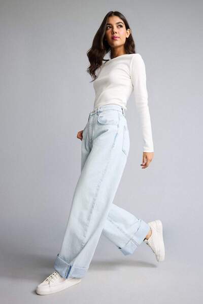 DeFacto Baggy Fit High Waist Wide Folded Hem Light Blue Trousers I1908Ax26Au