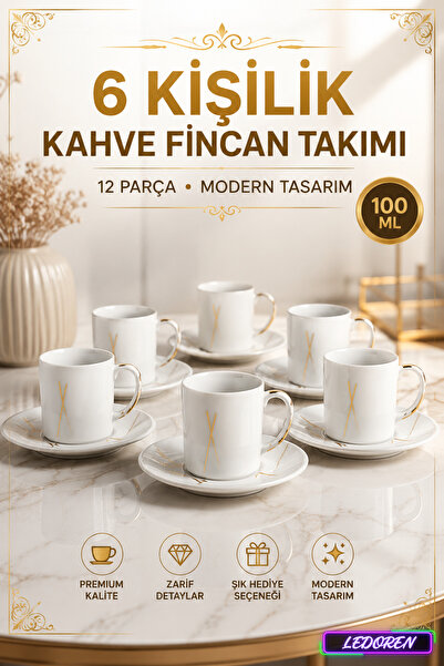 L'eDoren 6-Person Ceramic Coffee Cup Set with Round Presentation Plate Porcel...