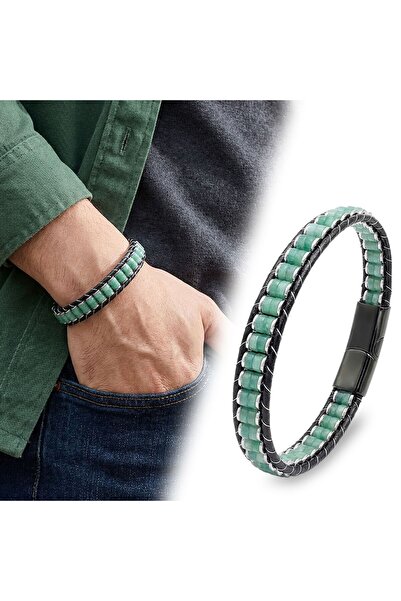 OGHAMAY Green Aventurine &amp;   Hematite Steel Braided Leather Bracelet 1839...