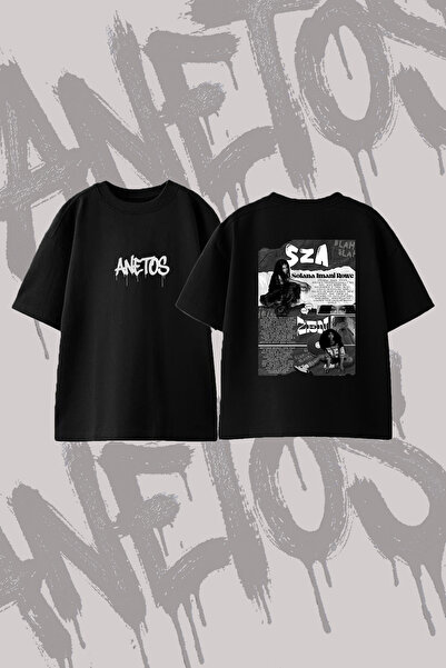 Anetos Sza Rnb Design Back Printed Cotton Black Oversize T-Shirt