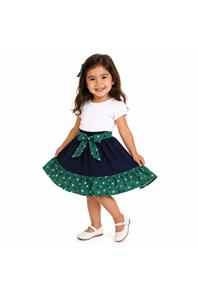 Generic Girl's Skirt in Navy Blue and Polka Dots with Bow and Colored Fringes