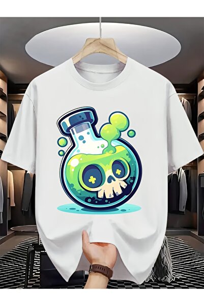 En22 Fluorescent Skull Flask Print Short-sleeved, Avant-garde and Mysterious,...