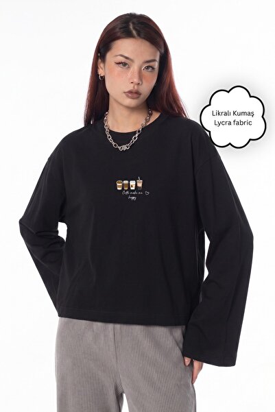 The Champ Clothing Tricou cu mânecă lungă pentru femei, negru, cu imprimeu Co...