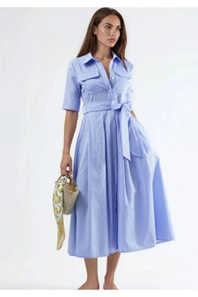 MOODAY Belted Striped Midi Shirt Dress